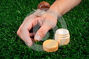 Beauty, moisturizing hand cream with snail mucin, skin care, nbody care cosmetics on green grass