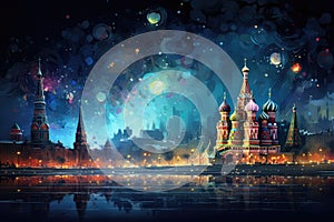 The beauty of Moscow Russia by night travel destination - abstract illustration