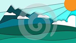 Beauty nature landscape blue mountain paper art style with cloud background vector illustration, landscape pattern