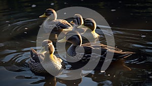 Beauty in nature Mallard duck family swimming in tranquil pond generated by AI