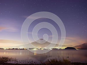 beauty night landscape view from kawaguchi lake with sky and fuji mountain range background (soft focus) from japan