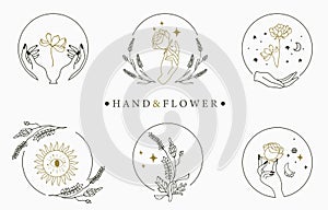 Beauty occult logo collection with hand,geometric,crystal,moon,rose.Vector illustration for icon,logo,sticker,printable and tattoo