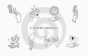Beauty occult logo collection with hand, rose,crystal,moon,eye,star.Vector illustration for icon,logo,sticker,printable and tattoo