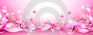 beauty pink ribbon and butterflies, Breast Cancer Awareness Month, banner with copy space made with Generative AI