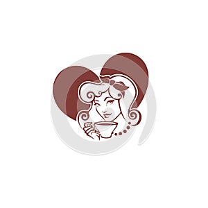 beauty pinup woman with cup of tea or coffee, logo for restaurant, cafe or tea company