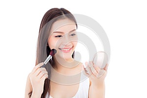 Beauty of portrait asian woman applying make up with brush of ch