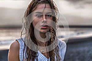 Beauty portrait of blonde beautiful caucasian woman with wet hair