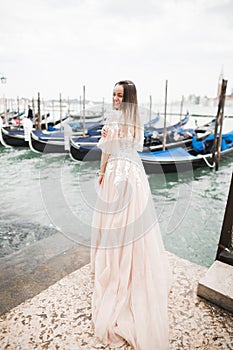 Beauty portrait of bride wearing fashion wedding dress with feathers with luxury delight make-up and hairstyle