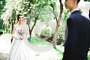 Beauty portrait of bride wearing fashion wedding dress with feathers with luxury delight make-up and hairstyle