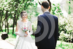 Beauty portrait of bride wearing fashion wedding dress with feathers with luxury delight make-up and hairstyle