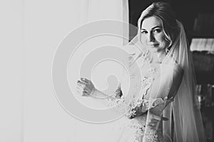 Beauty portrait of bride wearing fashion wedding dress with feathers with luxury delight make-up and hairstyle