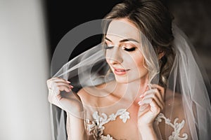 Beauty portrait of bride wearing fashion wedding dress with feathers with luxury delight make-up and hairstyle