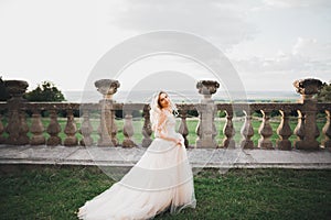 Beauty portrait of bride wearing fashion wedding dress with feathers with luxury delight make-up and hairstyle