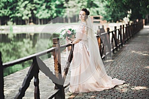 Beauty portrait of bride wearing fashion wedding dress with feathers with luxury delight make-up and hairstyle