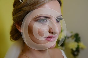 Beauty portrait of bride wearing fashion wedding dress with luxury delight make-up and hairstyle