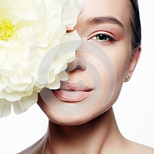 Beauty Portrait of girl with Big peony flower