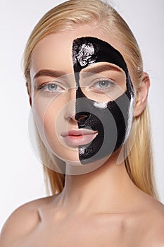 Beauty portrait of girls. Skin care face, black mask.