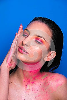 Beauty portrait with make up editorial, young adult girl, Caucasian woman brunette, close up, in studio, model