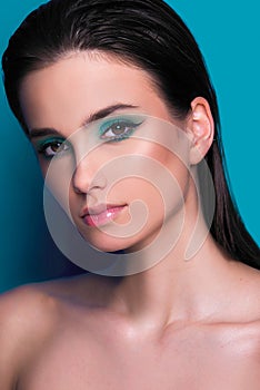 Beauty portrait with make up editorial, young adult girl, Caucasian  woman brunette, close up, in studio, model