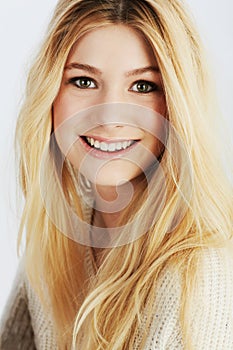 Beauty, portrait and smile with natural woman closeup in studio on white background for wellness. Face, skincare or