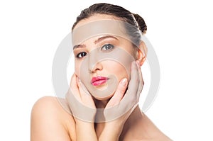 Beauty portrait. spa woman touching her face. Perfect fresh skin. Youth and Skin Care Concept