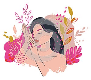 Beauty portrait, woman on the floral background fashion illustration, vector