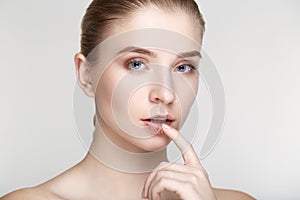 Beauty portrait woman skin care health white background close up