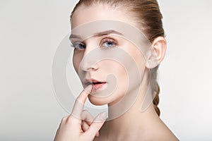 Beauty portrait woman skin care health white background close up