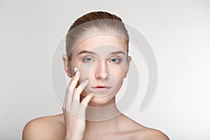 Beauty portrait woman skin care health white background close up