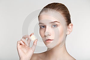 Beauty portrait woman skin care health white background close up