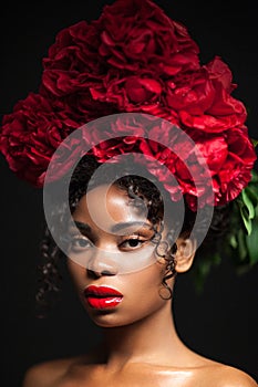 Beauty portrait of a young pretty girl with red flowers on her head.