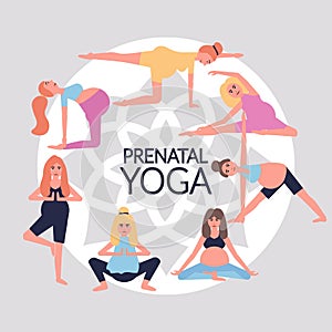 Beauty pregnant woman doing yoga poses. Hatha asanas complex,soft pregnant yoga. Health care and fitness concept. Active