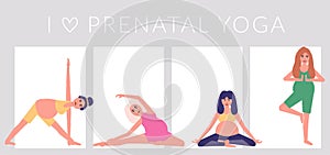 Beauty pregnant woman doing yoga poses. Hatha asanas complex,soft pregnant yoga. Health care and fitness concept. Active