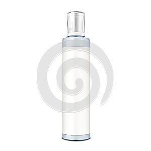 Beauty product bottle with clear cap and white blank label vector mockup. Cosmetic container with pump dispenser for foam textures