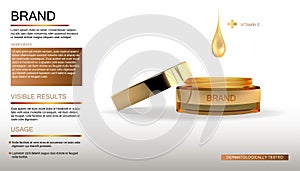 Beauty product cosmetic bottle with drop. Gold bottle package, skin care facial cosmeticcream. 3D illustration. photo