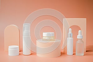 beauty product and mock-up skincare container on a pastel display background with copy space