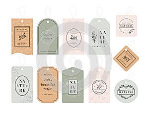 Beauty product tags. Vertical tag template with floral branches and leaves pattern for natural cosmetic products vector