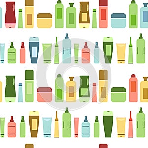 Beauty products colorful cosmetic bottles and tubes on white seamless pattern, vector