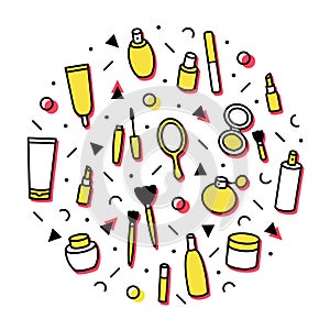 Beauty products concept theme. Cosmetics round print. Circle with lipstick, mascara, perfume, eyeshadows. Makeup and