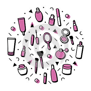 Beauty products concept theme. Cosmetics round print. Circle with lipstick, mascara, perfume, eyeshadows. Makeup and