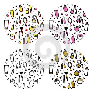 Beauty products concept theme. Cosmetics round print set. Circle with lipstick, mascara, perfume, eyeshadows. Makeup and