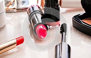 Beauty products and decorative cosmetics concept. Modern luxury make-up on vanity table as beauty blog background