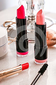 Beauty products and decorative cosmetics concept. Modern luxury make-up on vanity table as beauty blog background