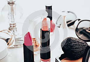 Beauty products and decorative cosmetics concept. Modern luxury make-up on vanity table as beauty blog background