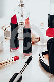 Beauty products and decorative cosmetics concept. Modern luxury make-up on vanity table as beauty blog background