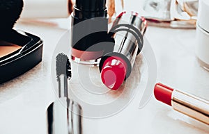 Beauty products and decorative cosmetics concept. Modern luxury make-up on vanity table as beauty blog background