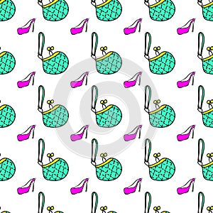 Beauty products fashion seamless pattern bag, shoe. Contour vector illustration.