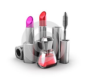 Beauty products: lipstick, nail polish and mascara