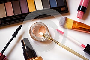 Beauty products for professional make-up top view