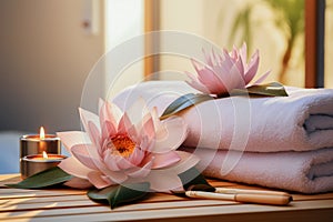 Beauty products for spa sessions, including massage oil, soft towels, a lotus flower and a glowing candle, express the